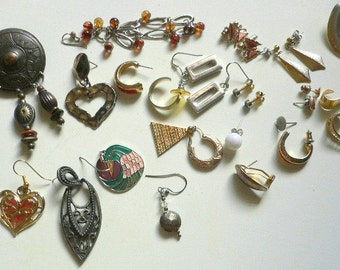 29 Vintage Earring Pieces, some are broken, a few matching pairs, most are single or broken, jewelry, altered art, steam punk, charms