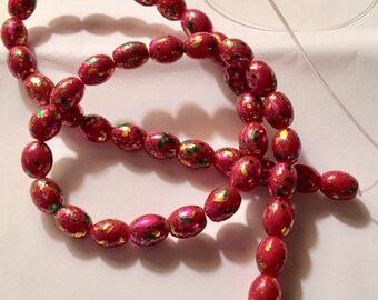 RED Oval Confetti beads (40) 9x6 MM metalliac green pink gold accents Mardi Gras beads