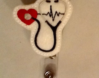 Medical Themed Bagde Holder Stethoscope or Surgeons Smiley Face Embroidered Felt clip on gift box