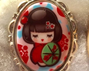 Kawaii Geshia Cameo pin set in Silver tone 30 X 40MM novelty cameo speciality cameo multi color unusual cameo