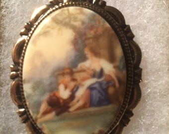 Old Masters Painting Style CAMEO  in Antique Goldtone  classic cameo  pin brooch porcelain cameo