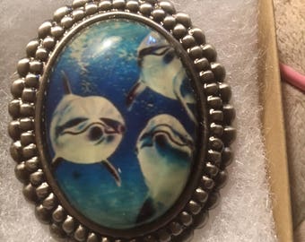 Dolphin Porpoise CAMEO Pin Pendant set in beaded edge Antiqued Pewter color setting