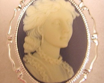 Ladies Profile Cameo on Country Blue background set in Fancy Silvertone setting