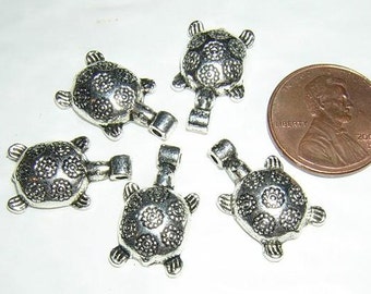 Antique Silver Plate TURTLE beads (5) 10x17MM