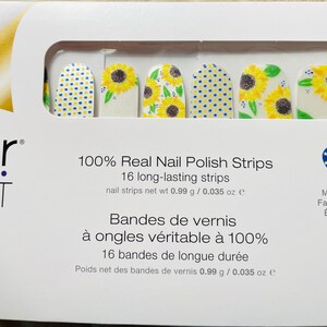 Color Street SUNFLOWER CHILD dry nail polish White frost base with sunflowers and blue and yellow polka dots