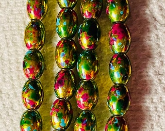 GOLD Oval Confetti beads (70) 11 x 8MM metallic green pink turquoise blue accents Mardi Gras beads 2 STRANDS