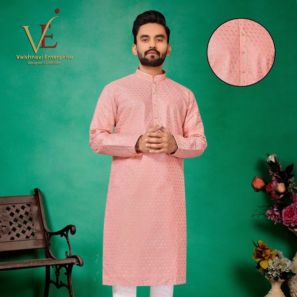 Men’s Wear Kurta Pajama Set  Row Silk Embroidered with Ivory Sequins Traditional and Stylish Garment For Special Occasions
