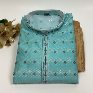 Pijama kurta de seda jacquard para hombre: ropa étnica india Sky Blue