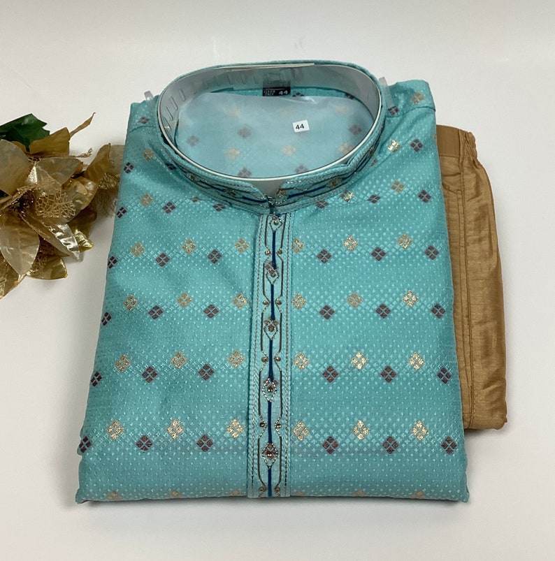 Pijama kurta de seda jacquard para hombre: ropa étnica india Sky Blue