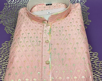 Conjunto de pijama kurta masculino: bordado de linho e seda, traje étnico indiano