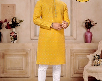 Men’s Kurta Pajama Set For Haldi Ceremony Wedding Party Traditional Wear Kurta Pajama Set