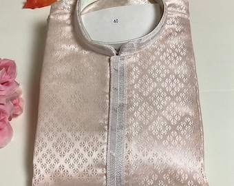 Conjunto de pijama kurta masculino: seda jacquard bicolor, calça de algodão creme e branco