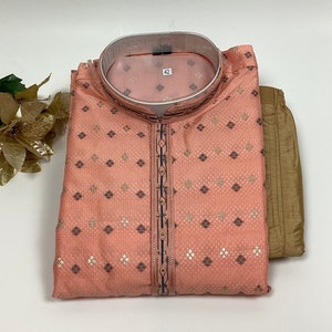 Pijama kurta de seda jacquard para hombre: ropa étnica india Rose Pink