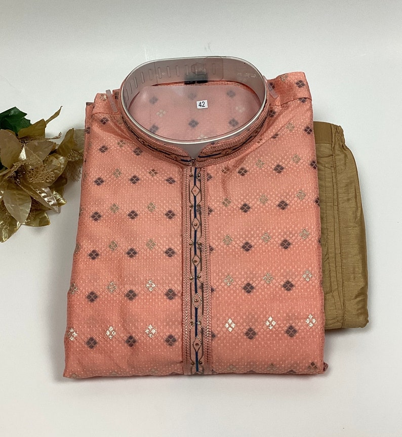 Pijama kurta de seda jacquard para hombre: ropa étnica india Rose Pink
