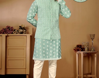 Conjunto de pijama kurta bordado com jaqueta modi: traje festivo indiano