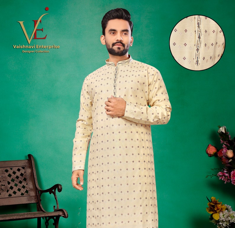 Pijama kurta de seda jacquard para hombre: ropa étnica india imagen 8