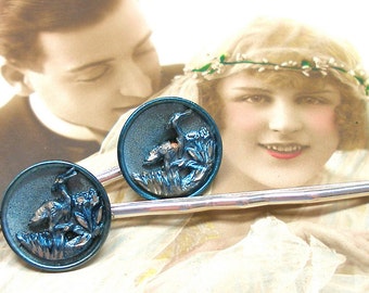 French BUTTON hair pins, Victorian birds in blue on silver bobby pins, hair grips, present gift. Vintage button jewelry.