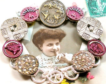 Parisian BIRD BUTTON bracelet. Antique Victorian birds & flowers, 7". Present gift. One of a kind vintage button jewelry.