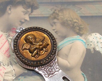 Cupid BUTTON bookmark.  Victorian Eros on silver. Unique present gift. Stocking stuffer.