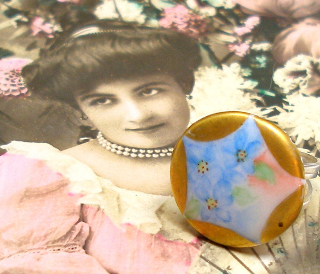 Antique BUTTON Ring, 1900s Edwardian Flowers on Sterling Silver ...