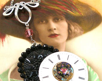 Star Time Antique BUTTON necklace, Edwardian enamel watch with black glass & enamel button.  Unique button jewelry. AlliesAdornments