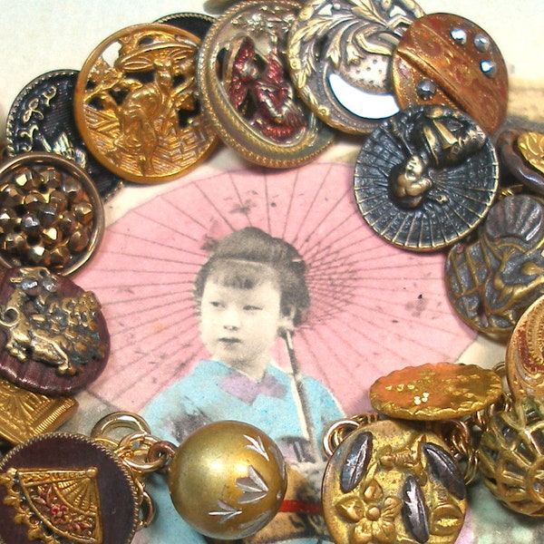 Geisha Antique BUTTON charm bracelet. 1800s Victorian Asian motif on gold.  7." one-of-a-kind jewelry. 22 buttons.