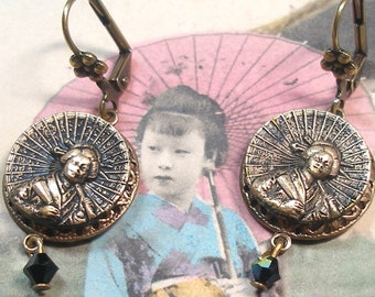 Mikado BUTTON earrings. Lady with parasol. One of a kind button jewelry.  Present, gift. Allies Adornments