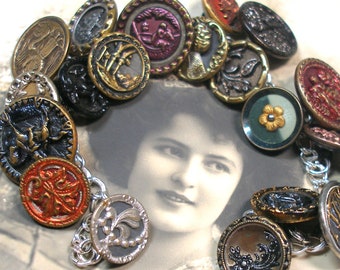 1800s BUTTONS charm bracelet. Victorian picture buttons, 7" sterling silver, one of a kind jewelry. 20 ANTIQUE buttons.