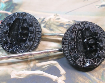 Lucky, 1800s Antique BUTTON hair pins. Victorian black glass with horseshoes on silver bobby pins. Hair grips. Present, gift.