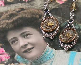 Antique BUTTERFLY BUTTON earrings. Victorian insects on silver. One of a kind jewelry. AlliesAdornments