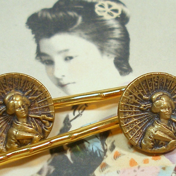 Mikado BUTTON hair pins. Victorian storybook buttons on gold bobby pins, hair grips. Present gift. Vintage button jewelry. AlliesAdornments