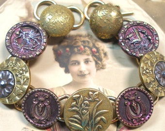 SALE French 1800s Antique BUTTON bracelet. Victorian Butterfly & flowers. 6 1/2" jewelry. One of a kind. Vermeil.