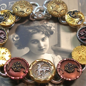 Antique DEER BUTTON bracelet. Victorian stag, stars & flowers, 7.5&quot; button jewelry. One of a kind button jewelry. AlliesAdornments