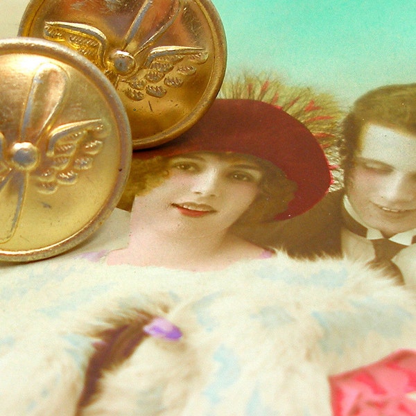 SALE. Vintage BUTTON cuff links. Wings & propeller on gold. one of a kind antique button jewelry.