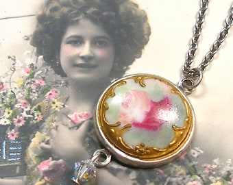 Antique BUTTON necklace. Edwardian flowers on porcelain. One of a kind jewelry.