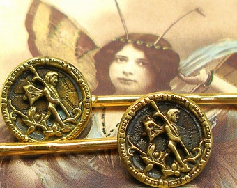 Fairy 1800's BUTTON hair pins. Victorian fairies on gold bobby pins, hair grips.