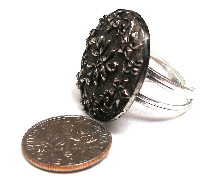 Antique BUTTON Ring. Victorian Black Glass, Adjustable Sterling Band ...
