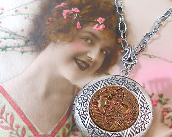 Luna, Antique BUTTON locket necklace. Victorian sun, moon & stars on silver plated necklace. One of a kind button jewelry. AlliesAdornments