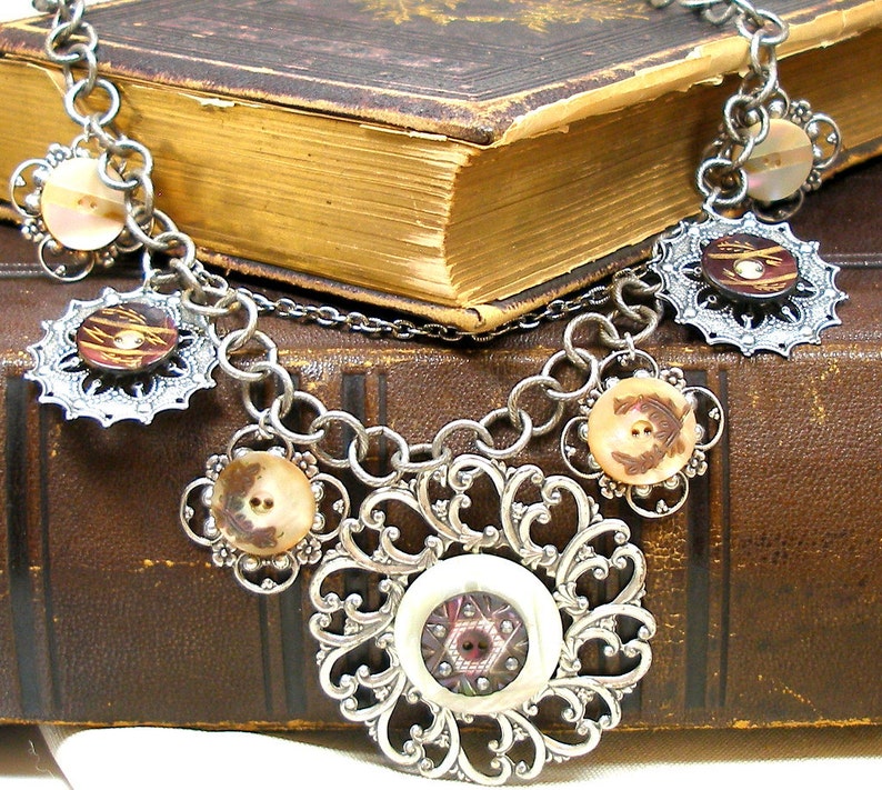 1800s BUTTON statement necklace. 8 Victorian mother-of-pearl buttons on silver. One of a kind antique button jewelry. AlliesAdornments image 1