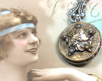 Star MAIDEN, 1800s BUTTON necklace. Victorian mythology, goddess on silver. Antique button jewelry.