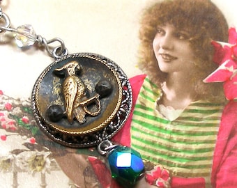 Parrot, Antique BUTTON necklace, 1800s Victorian BIRD on plated chain. Vintage button jewelry, one of a kind jewelry.