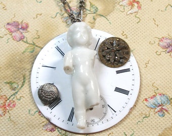 Antique DOLL & BUTTON necklace, Frozen Charlotte, Victorian pocket watch face and buttons. One of a kind jewelry.