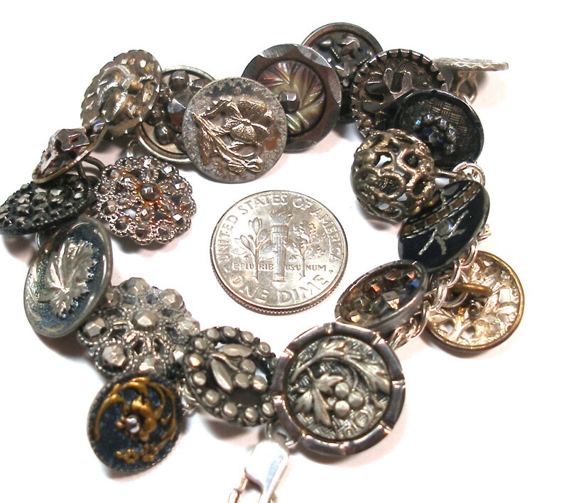 1800s BUTTONS charm bracelet. Victorian cut steel. 7 sterling silver, ooak jewellry. 20 buttons. One of a kind vintage button jewelry. image 7