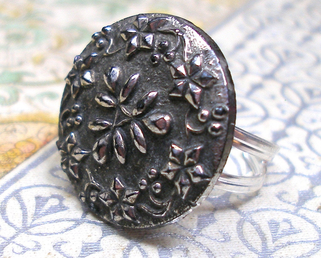 Antique BUTTON Ring. Victorian Black Glass, Adjustable Sterling Band ...