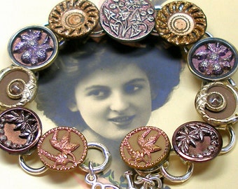 Antique BUTTERFLY BUTTON bracelet, Victorian insect & flowers, 7.5" button jewelry. One of a kind vintage button jewelry.