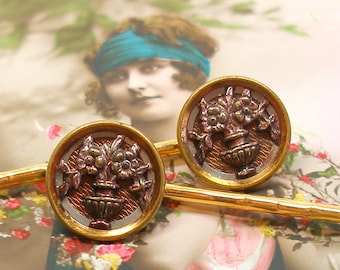 Antique BUTTON hair pins, Victorian FLOWERS on gold bobby pins, hair grips. Present, gift.