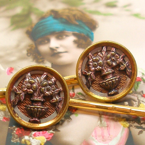 Antique BUTTON hair pins, Victorian FLOWERS on gold bobby pins, hair grips. Present, gift.