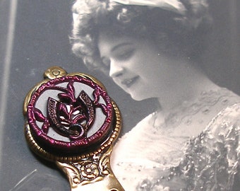 French twinkle BUTTON bookmark, Victorian horseshoe button on gold. Unique present, gift, stocking stuffer.