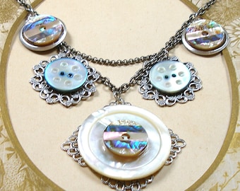 Antique BUTTON statement necklace. Victorian mother-of-pearl buttons on silver. One of a kind jewelry.  AlliesAdornments