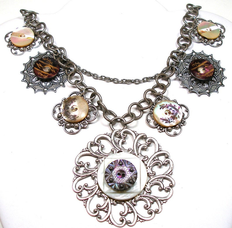 1800s BUTTON statement necklace. 8 Victorian mother-of-pearl buttons on silver. One of a kind antique button jewelry. AlliesAdornments image 5